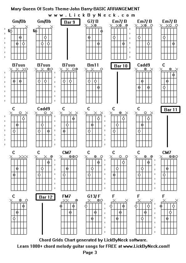 Chord Grids Chart of chord melody fingerstyle guitar song-Mary Queen Of Scots Theme-John Barry-BASIC ARRANGEMENT,generated by LickByNeck software.